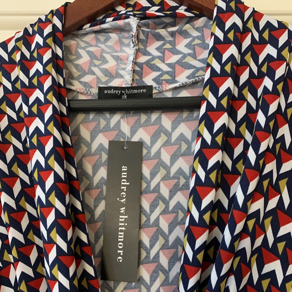 Krista Print 3/4 Sleeve Wrap Dress- Navy/Red/Gold/White 2X